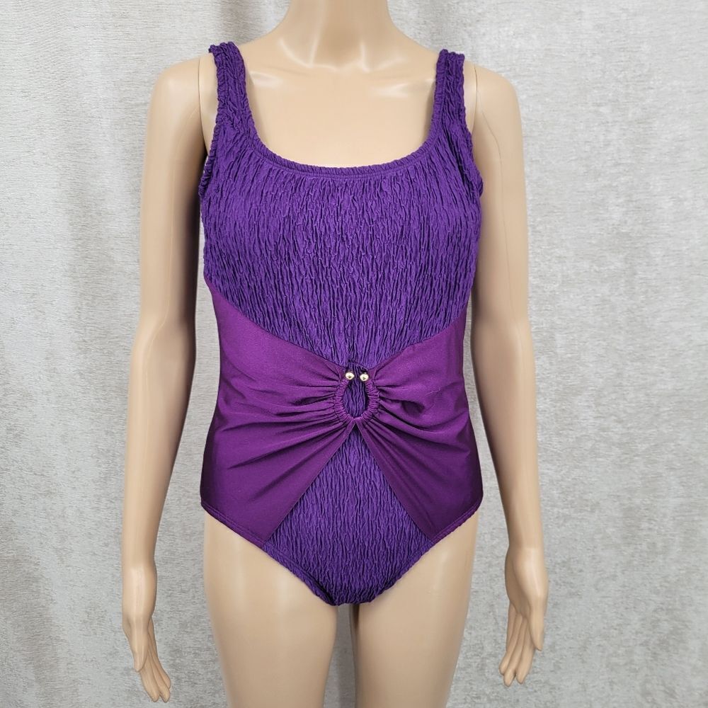 Oscar De La Renta Vintage Royal Purple One Piece Swimsuit Shirring Satin